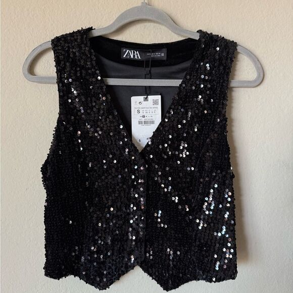 NWT Zara Black Vest Sequin Velvet Bloggers Favorite Size S - Picture 11 of 14